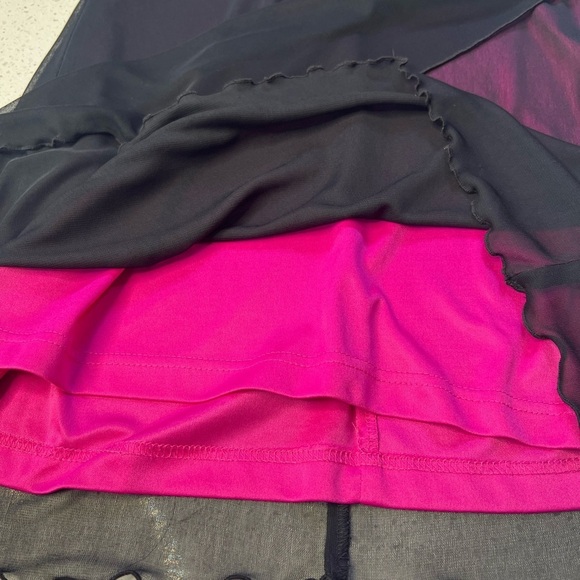 Vintage Scarlett Black Sheer Overlay Hot Pink Ruffle Collar Hem Mini Shirt Dress - Picture 4 of 13